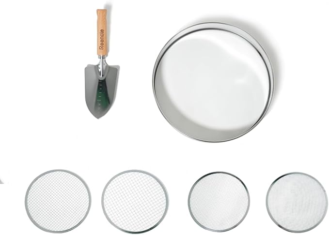 Reencle Garden Tool Set | Stainless Steel Sifter Set with 4 Sieve Meshes | Garden Trowel | Filter Mesh(36912mm)
