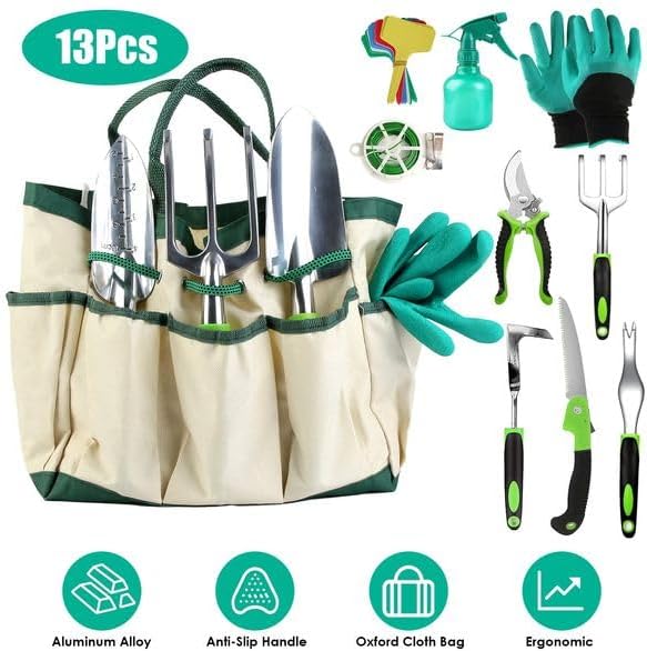 13Pcs Garden Tool Set Aluminum Alloy Gardening Hand Tools Starter Kit with Garden Bag Heavy Duty Outdoor Hand Tools with Non-Slip Ergonomic Handle for Plant Gardening