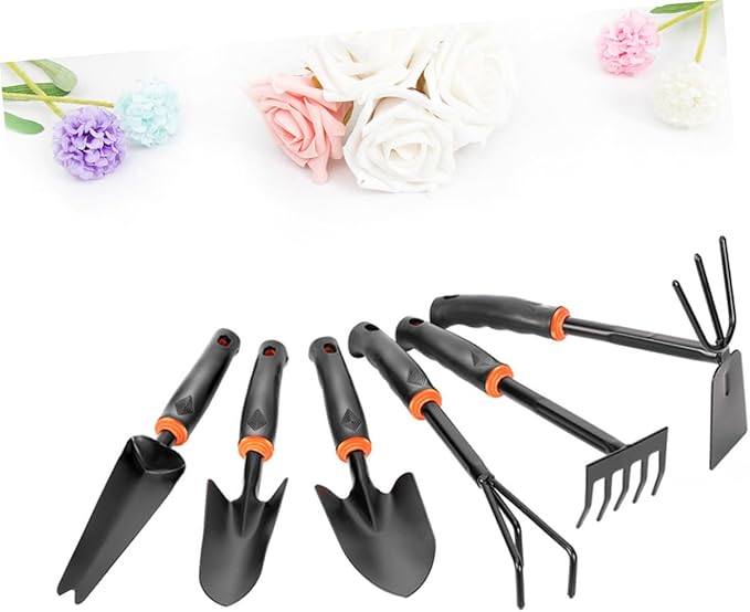 6-Piece Garden Tool Set Black Plastic Handle Iron Wide Shovel and Mini Rake for Home Gardening Balcony and Potted Plants Anti-Skid Design Multi-Functional Hoeing Rake Accessories