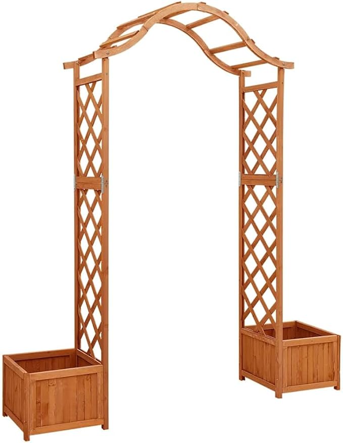 Wooden Garden Pergola with Planter Solid Firwood Planter with Trellis Outdoor Raised Garden Bed for Plants Hanging Flower Baskets Brwon-250