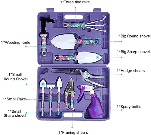 Garden Tool Set 11 Pcs Gardening Tools Purple Floral Print. Best Gift for Women: Handle Trowel Rake Pruning Shear Sprayer Shovel and Gloves That Includes a Pruning Shears Carrying Case