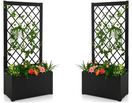HAPPYGRILL 2 Raised Garden Bed with Trellis 44” Metal Elevated Garden Box for Climbing Plants Vine Outdoor Planter Box for Yard Garden Balcony