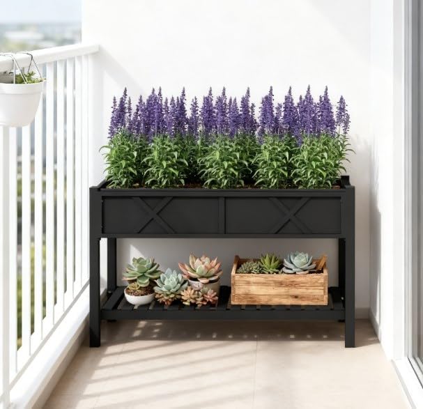 Elevated Wood Planter BoxRaised Garden Bedwith Storage ShelfDrainage Holesand Liner