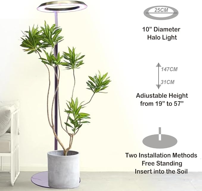 Qux 10” Halo Pro Grow LightFull Spectrum LED Freestanting Plant Grow Lamp with 3 Kind of Light Colors switchover &amp 10-Level DimmableAuto On Off Timing 4/8/12Hrs for Indoor Larger Plants (Gold)
