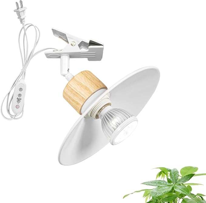 Clip Mount 5.9Ft Plug in Timing Cord Plant Light Full Spectrum White Light Wood Base White Metal Shade Adjusted Angle Simple Clamp Light for Indoor Plants