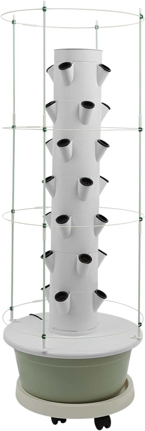 7-Tier Hydroponic Growing Tower 28-Plant Vertical Garden Kit with 7.92Gal Water Tank &amp Climbing Trellis Hydroponic Grow System Kit for Vegetable Strawberry Herb (White &amp Light Green)