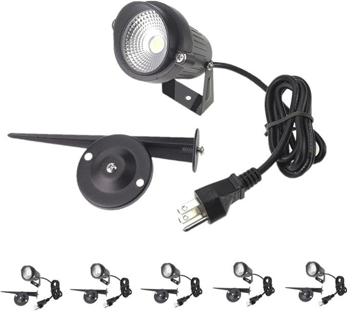 QUANS 6 Pack 5W Cool White Outdoor Landscape Spotlight LED Light Wall Mount Fixture Lamp Waterproof Stake Spike Stand for Pathway Lawn Garden Yard Tree Grass Lighting 110V AC US 3Pong Plug