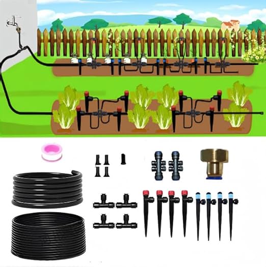 Upgraded Copper Connectors Drip Irrigation Kit 15+78FT Automatic Watering System Adjustable Emitters &amp Nozzles for Garden Greenhouse Potted Plant Lawn Greenhouse and Potted Plants