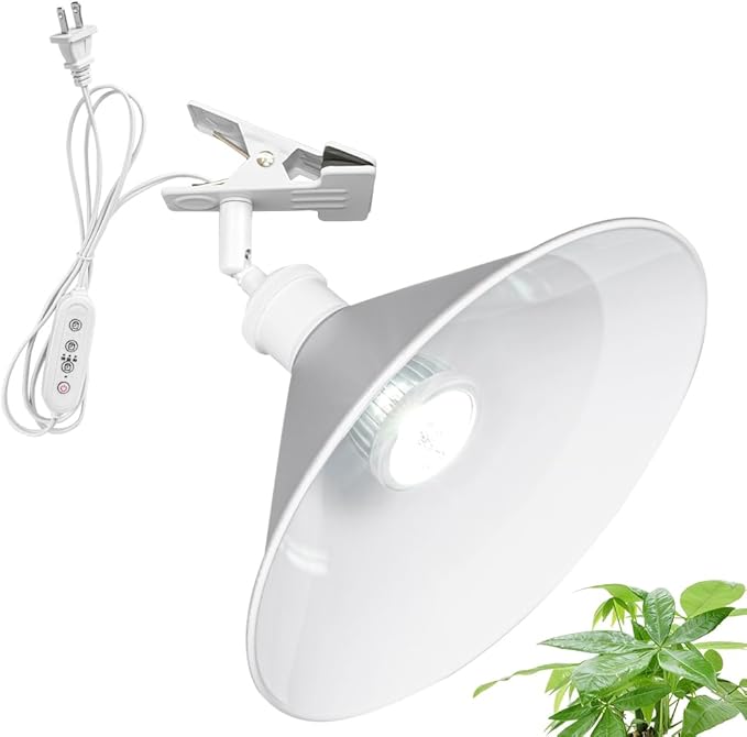 Clip Mount 5.9Ft Plug in Timing Cord Plant Light Full Spectrum White Light White Base Grey Metal Shade Adjusted Angle Modern Clamp Light for Indoor Plants