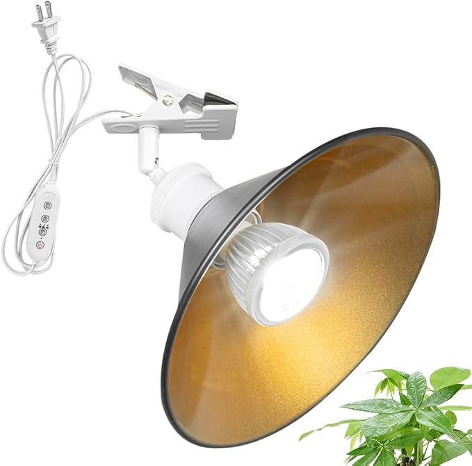 Clip Mount 5.9Ft Plug in Timing Cord Plant Light Full Spectrum White Light White Base Black Metal Inner Gold Shade Adjusted Angle Simple Clamp Light for Indoor Plants