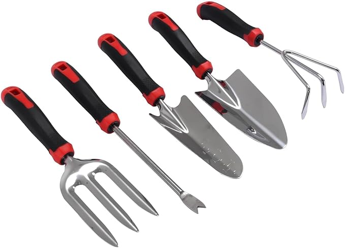 5 Pcs Stainless Steel Garden Tools Set (2 Pcs Hand Transplant Shovel Rake CultivatorShovel and Hand Weeder) Terrace Balcony Gardening Accessories Kit for Home Garden Farming