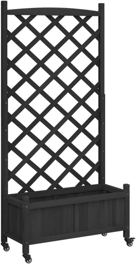 Raised Garden Bed with Trellis and Wheels Black Solid Fir Wood Planter Box for Outdoor Garden Patio Elevated Planter with Drainage for Climbing Plants Flowers Vegetables and More