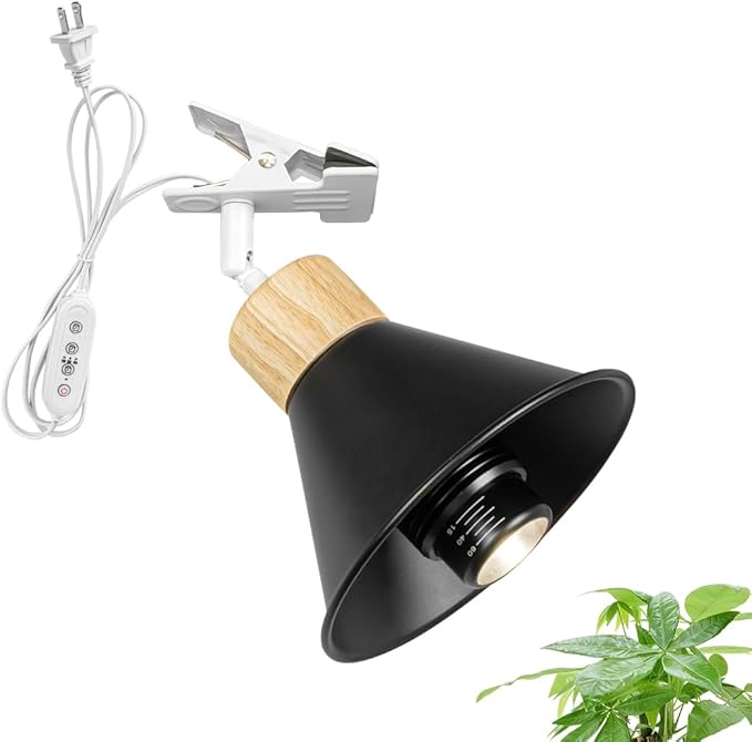 Clip Mount Adjusted Angle 5.9Ft Plug in Timing Cord Plant Light Full Spectrum 4500K 10W Simple Wood Base Black Metal Clamp Light for Indoor Plants Flowers