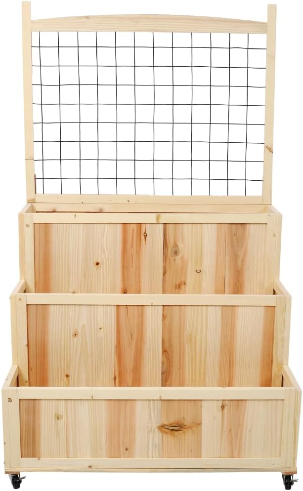 Sturdy Galvanized Steel Raised Garden Bed with Built-in Trellis Mobile Vertical Planter for Vegetables Herbs and Flowers (Natural Wood + Wood)