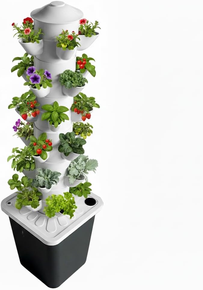 Vertical Hydroponic Growing System Tower 30 Pods Black- Indoor Smart Garden with Auto Watering Timer &amp Movable Tank Soilless Planter for Herbs Vegetables Fruits | Pump Included Space-Saving De