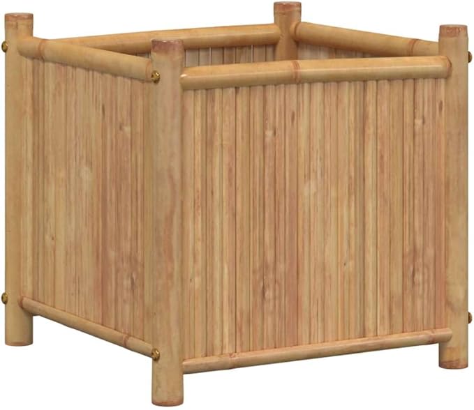 Natural Bamboo Raised Planter Box 15.7 in Cube Indoor Outdoor Elevated Garden Bed for Flowers Herbs Vegetables Beige Patios Balconies and Living Rooms