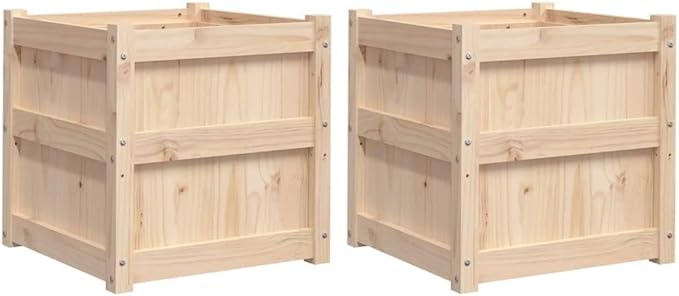 Natural Pine Solid Wood Garden Planter Set of 2 Square Large Outdoor Planters Brown for Garden Balcony Patio with Rustic Charm and Customizable Inlays