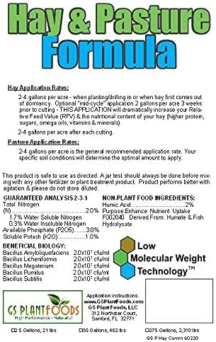 Hay &amp Pasture Formula by GS Plant Foods- Organic Pasture Fertilizer with Humic Acid &amp Fulvic Acid (5 Gallon) - Pasture Grass Formula for Higher Yields and Healthier Animals