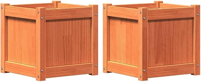 Set of 2 Square Raised Planter Box 15.7 inch Solid Pine Wood Wax Brown Outdoor Patio Flower Bed for Garden Balcony and Terrace