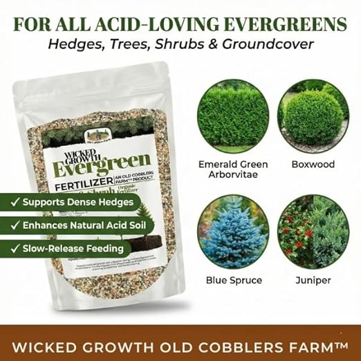 Old Cobblers Farm™ Wicked Growth Evergreen Fertilizer with Iron – Complete Tree &amp Shrub Nutrition for Deep Green Foliage Root Growth &amp Year-Round Health (5 lbs | 10 lbs | 15 lbs | 20 lbs) (20