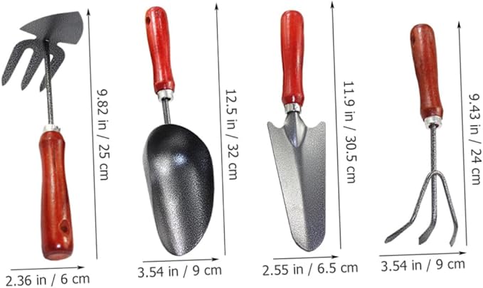 4pcs Garden Tool Set with Hand Trowel Narrow Spade Three-Prong Cultivator and Soil Scoop – Mini Gardening Tools for Planting Digging and Weeding in Flower Pots and Vegetable