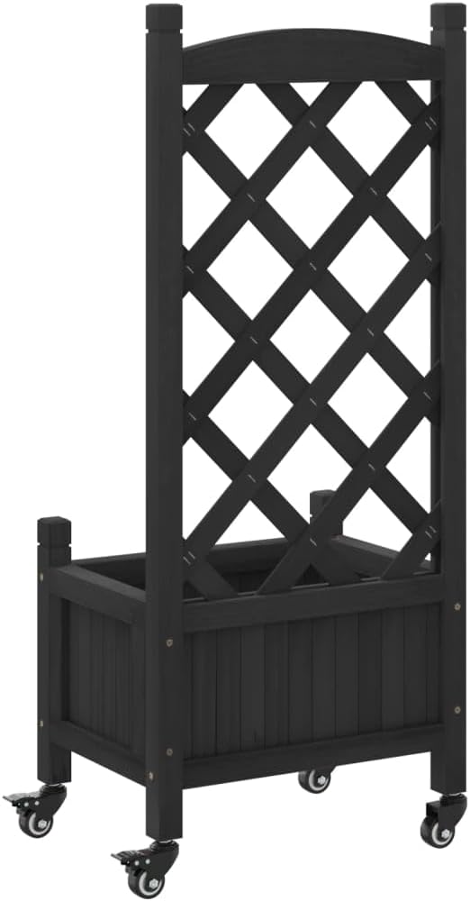 Raised Garden Bed with Trellis and Wheels Black 15.7x11.8x38.4 Solid Fir Wood Elevated Planter Box for Flower Beds Vegetable Garden Bed Patio Planter for Climbing Plants