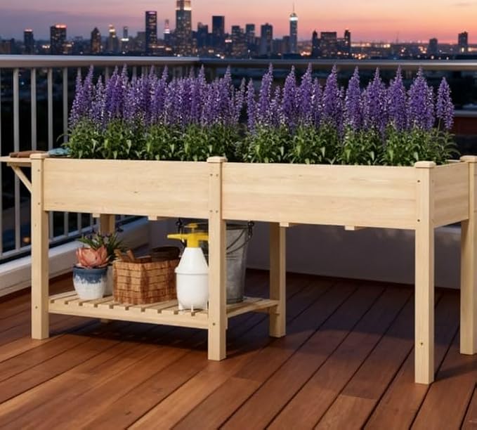 Elevated Garden BedWood Raised GBoxwith Side TableBottom ShelfBed Liners and Drainage Holes