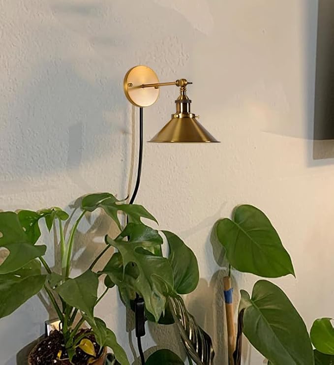 2-Pack Hook Type Wall Mounted Plant Light for Indoor Growing Full Spectrum White Light 6000K 25W Vintage Gold Plug in Cord Timing Wall Lamps for Plants Flowers