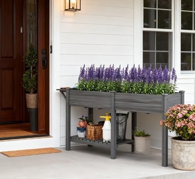Elevated Garden BedWood Raised GBoxwith Side TableBottom ShelfBed Liners and Drainage Holes