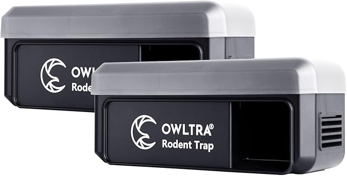 OWLTRA 2 Pack OW-7 in-/Outdoor Electric Rodent Trap Instant Kill Mouse &amp Rat Zapper with Waterproof Cover Sound &amp Light Alarm and Batteries or USB Power Source Waterproof Grade IPX4 Black