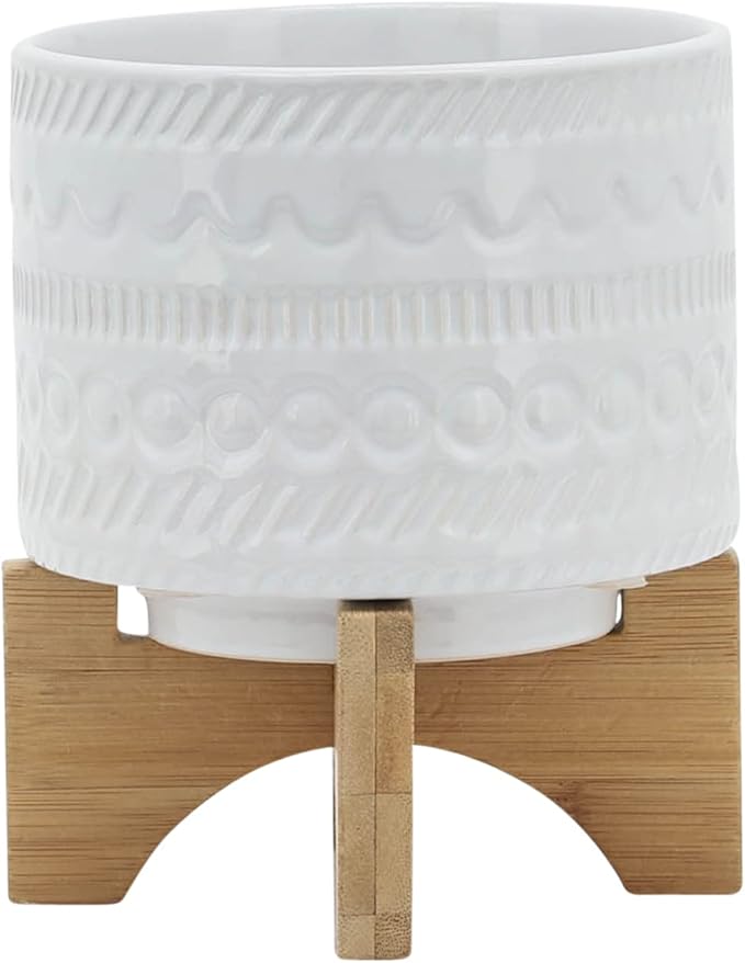 5 Tribal Planter W Wood Stand White