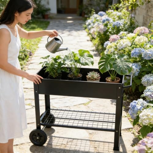 Black Mobile Metal Raised Garden Bed Cart with Legs w/Lockable Wheels Storage Shelf Elevated Tall Planter Box Elevated Raised Planter Bed for Outdoor Indoors Patio Backyard Vegetables DIY Herb Grow