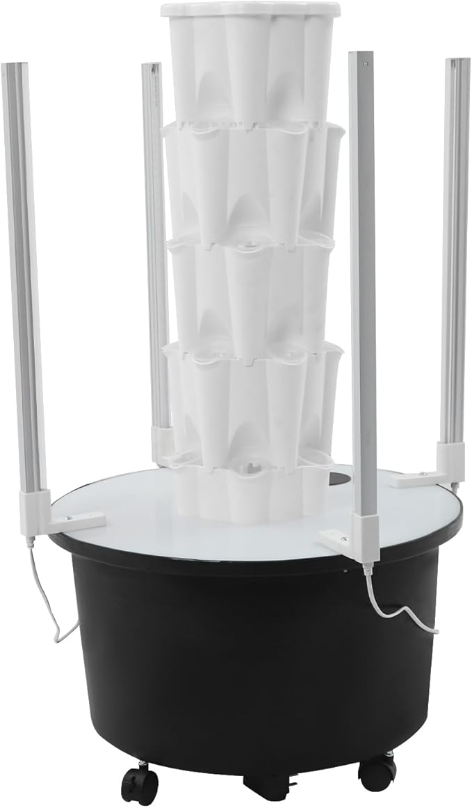4-Tier Hydroponic Tower Garden - 24 Planting Holes Vertical Growing System with LED Grow Lights 10.5Gal Water Tank - Indoor Outdoor Herb Vegetable Planter with Lockable Wheels for Home Kitchen Garden