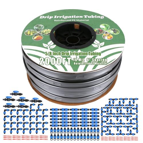 2000FT 5/8 Drip Tape Irrigation Kit 16 Mil Heavy Duty with 6 Emitter Spacing Silver Reflective Drip Tape Helps Prevent Pecking &amp Biting Damage Heat-Safe for Seedlings Reinforced PE Material