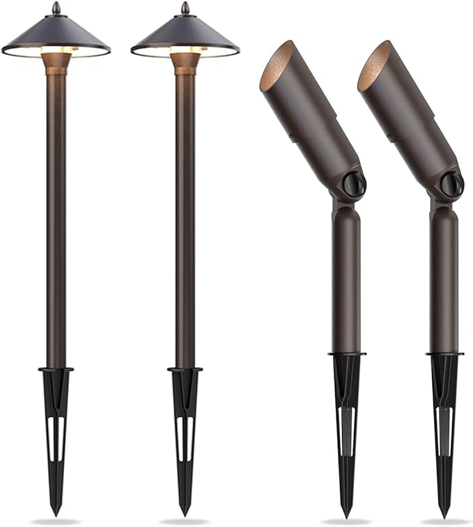 GOODSMANN Landscape Lighting Low Voltage Path Lights 2PK 10W 25 Lumens Halogen Outdoor Lights with 2PK 20W Halogen 176 Lumens Spotlight with Metal Stake and Cable Connector