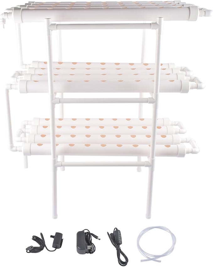 Floor-Standing Hydroponic Grow Kit 3 Layer 108 Plant Sites 12 Food-Grade PVC-U Pipes Hydroponics Planting System with Water Pump Pump Timer Nest Basket and Sponge for Leafy Vegetables