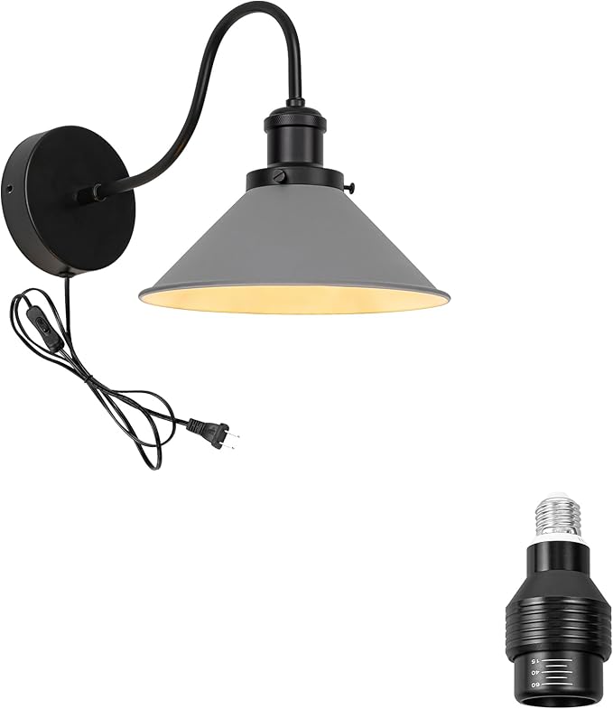 Hook Mounted Plant Light Full Spectrum 4500K 10W Adjusted Light Beam Range 15°-60° Vintage Gray Cone Shade Goose Neck Wall Lamp for Indoor Plants Flowers Growing