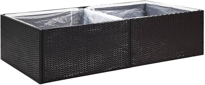 vidaXL Outdoor Garden Planter Bed - Durable Poly Rattan Rectangular Flower Box with Powder-Coated Steel Frame and Inner Nylon Bag - Black