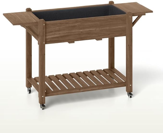Convenient Elevated Garden BedWood Raised Planter Boxwith Lockable WheelsSide TablesBottom ShelfDrain Holes