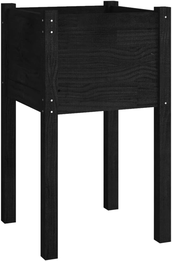 Rustic Black Square Solid Pinewood Garden Planter 15.7x15.7x27.6 in Raised Bed for Balcony Patio Outdoor Elevated Flower Box Easy Assembly