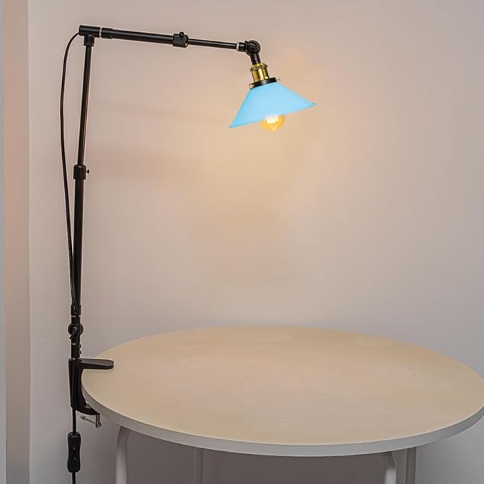 Clip Mount Plant Growing Stand Socket Light E26 Base 15Ft Timer Switch Cord Adjustable Length Blue Shade for Indoor Desk Or Shelf Plants(No Bulb)