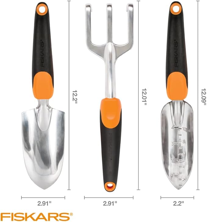 Fiskars 384490-1002 Garden Scratch Tool Set with Shovel Hand Rake and Spade for Weed Removal Digging Gardening Black/Orange &amp 79436997J Softgrip Bypass Pruner Black/Orange Small