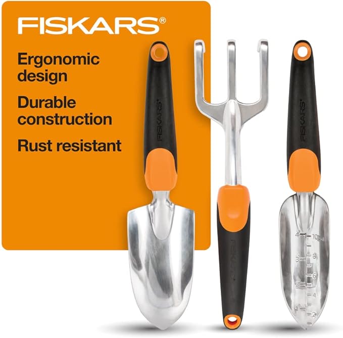 Fiskars 384490-1002 Garden Scratch Tool Set with Shovel Hand Rake and Spade for Weed Removal Digging Gardening Black/Orange &amp 79436997J Softgrip Bypass Pruner Black/Orange Small