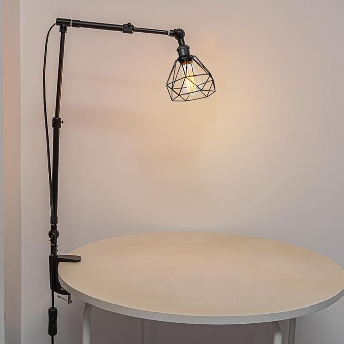 15Ft Timer Switch Cord Clip Mount Plant Growing Stand Socket Light Adjustable Length Black Metal Cage Shade Vintage Design for Indoor Shelf Or Table Plants (No Bulb)