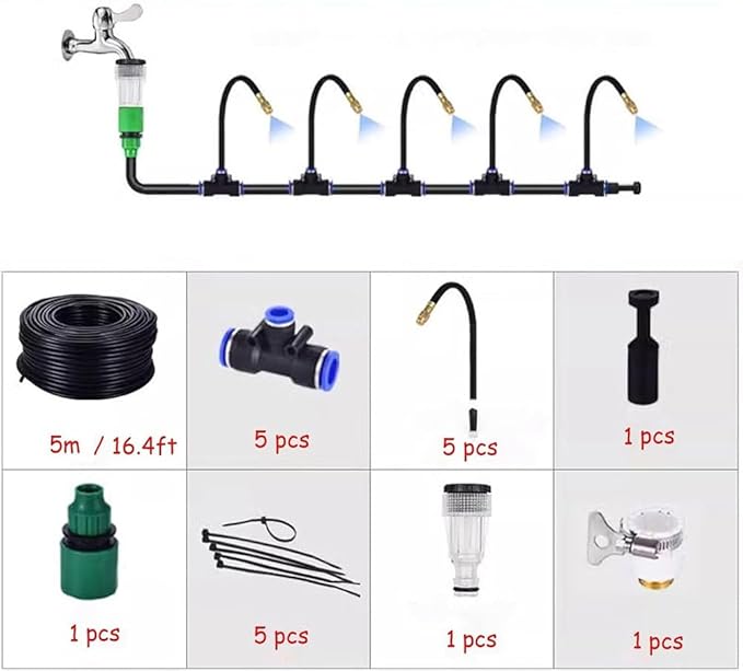 Quick-Connect Garden Drip Irrigation Kit Adjustable Bendable Nozzle Automatic Watering Sprayer Sprinklers for Greenhouse Lawn Potted Plants(5m/16.4ft)