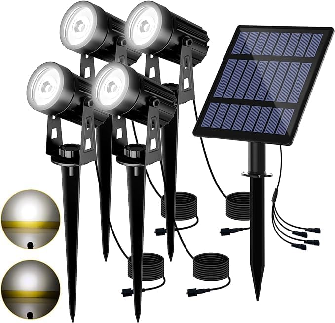 IgnisTerra Solar Spotlights 4-in-1 - Lighting Sensor &amp IP65 Waterproof Auto On/Off for Garden Yard Driveway &amp Pool - 200LM Super Bright White &amp Red Light Modes