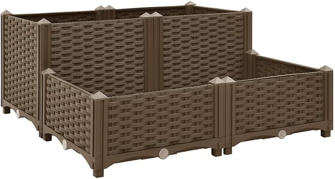Brown Polypropylene Raised Garden Planter 31.5x31.5x15 in Sturdy Outdoor Box for Vegetables Herbs Flowers on Patio Balcony Easy Assembly Elevated Bed