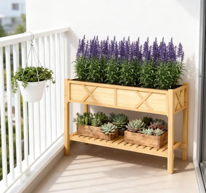 Dual Tier Elevated Wood Planter BoxRaised Garden Bedwith Storage ShelfDrainage Holesand Liner