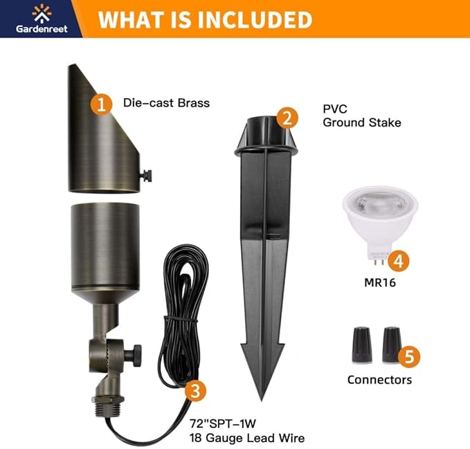 Gardenreet Brass Spot Light - Outdoor Landscape Spotlights Low Voltage LED 12V Landscaping Uplights All Weather Hard-Wired Bronze for Backyard Lawn with Cold White Changeable Bulbs (8 Pack)