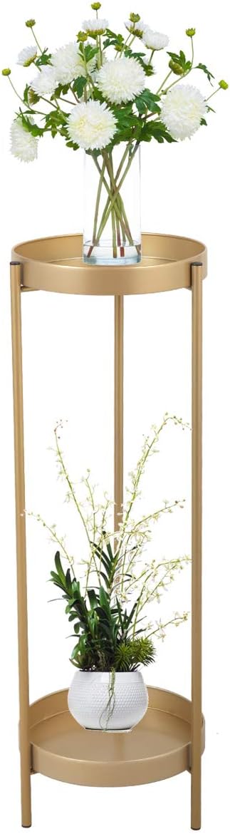 Folding Metal 2 Tier Plant Stand Potted Plant Holder Shelf with 2 Round Trays Indoor Outdoor Versatile Golden